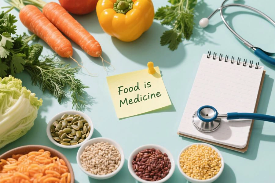 Food is Medicine Note with fresh Vegetables, Herbs, Seeds, Colorful Grains, Medical Notebook and Stethoscope,